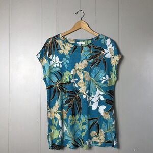 CHICO'S BLUE TROPICAL FLORAL PATTERN 100% LINEN TOP WOMENS SIZE MEDIUM